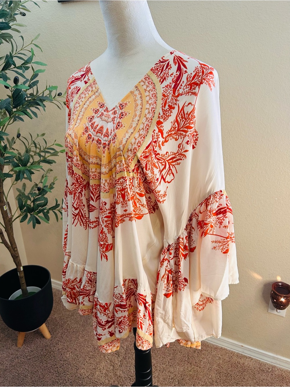 Free People Sunset Red Dreams Peasant Top Hi-Low Hem Belled Sleeves Boho Tunic